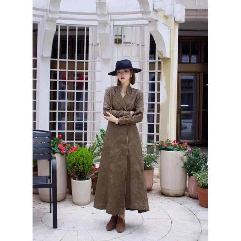 Li Wang/里望设计师款 复古丝麻提花中长款风衣