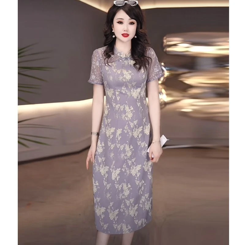 高级琉璃丝时尚洋气百搭碎花假两件礼服裙2025春夏新款显瘦连衣裙