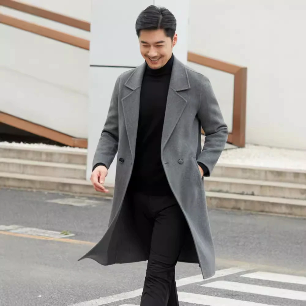 2024秋冬款双面呢100%羊毛男士大衣中长款西服简约纯色西装领外套