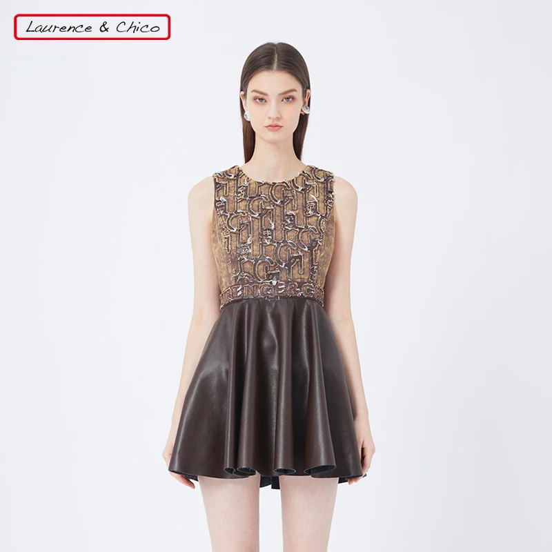 LC牛仔无袖百褶连衣裙咖色D2AX30117022/D2AX30117021