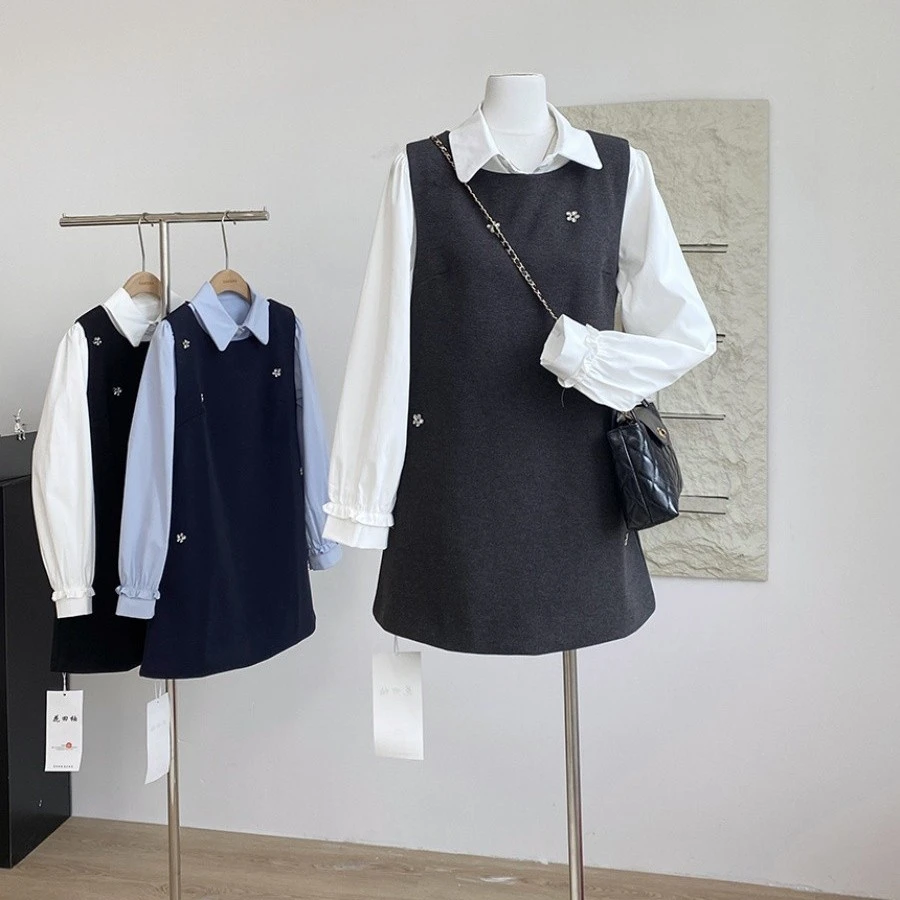 璎婲sᴀᴋᴜʀᴀ【miu系】千金感叠穿甜美两件套女秋季翻领衬衫+背心短裙