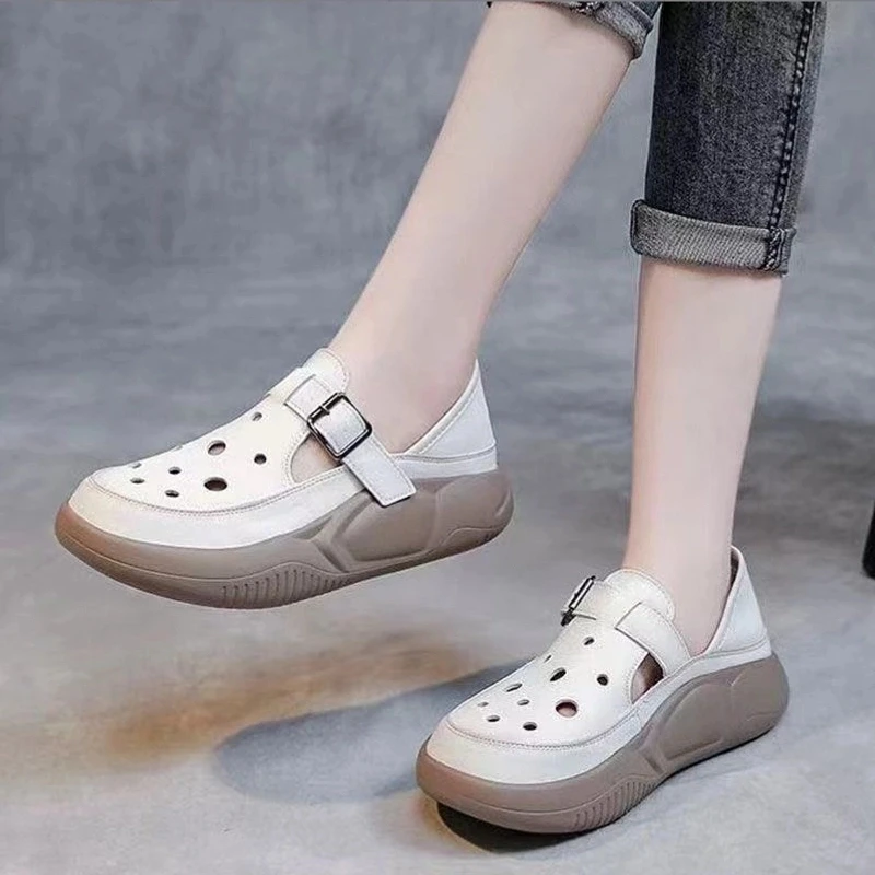 洞洞鞋休闲松糕跟罗马凉鞋软底复古纯色休闲风舒适单鞋