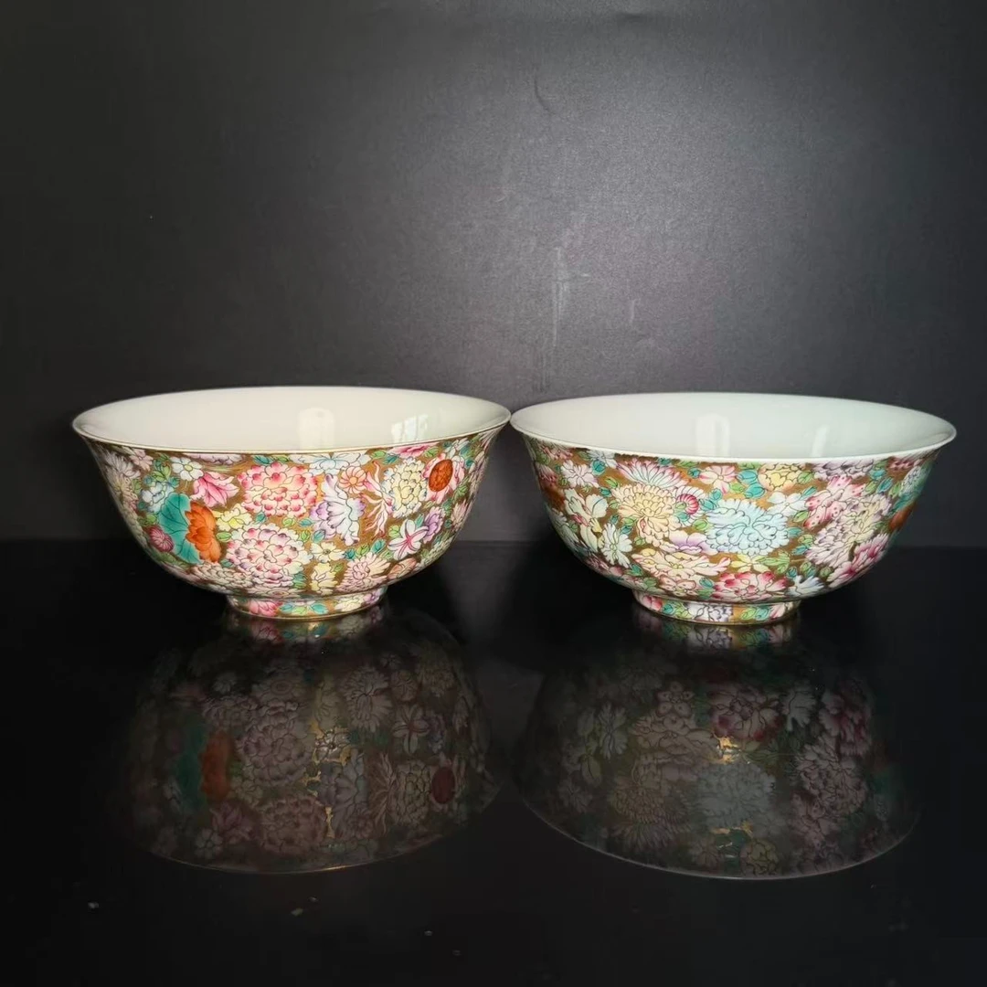 Lot30-C金地百花碗一对乾隆年制款H:7cmD:15-LF12090040001029