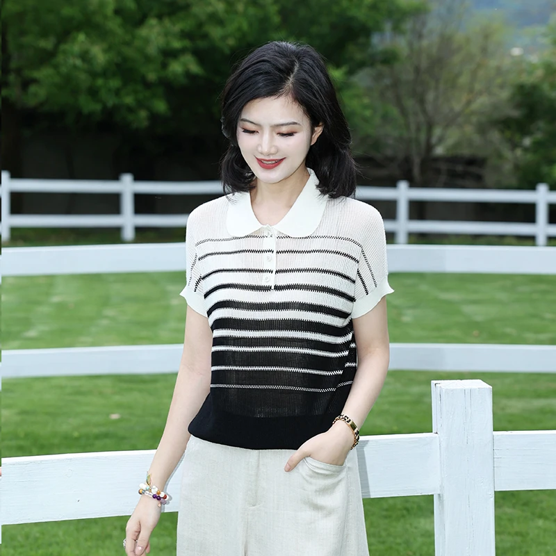 阿楠anan 心动韵律 莱赛尔时尚气质翻领渐变条纹上衣短袖女夏T恤