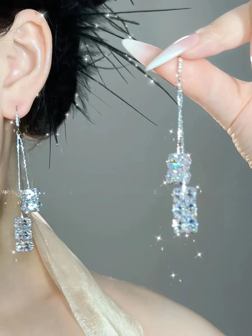 【冰雪奇缘】纯欲清冷风海边冰雪锆石几何流苏长款耳环高颜值耳饰