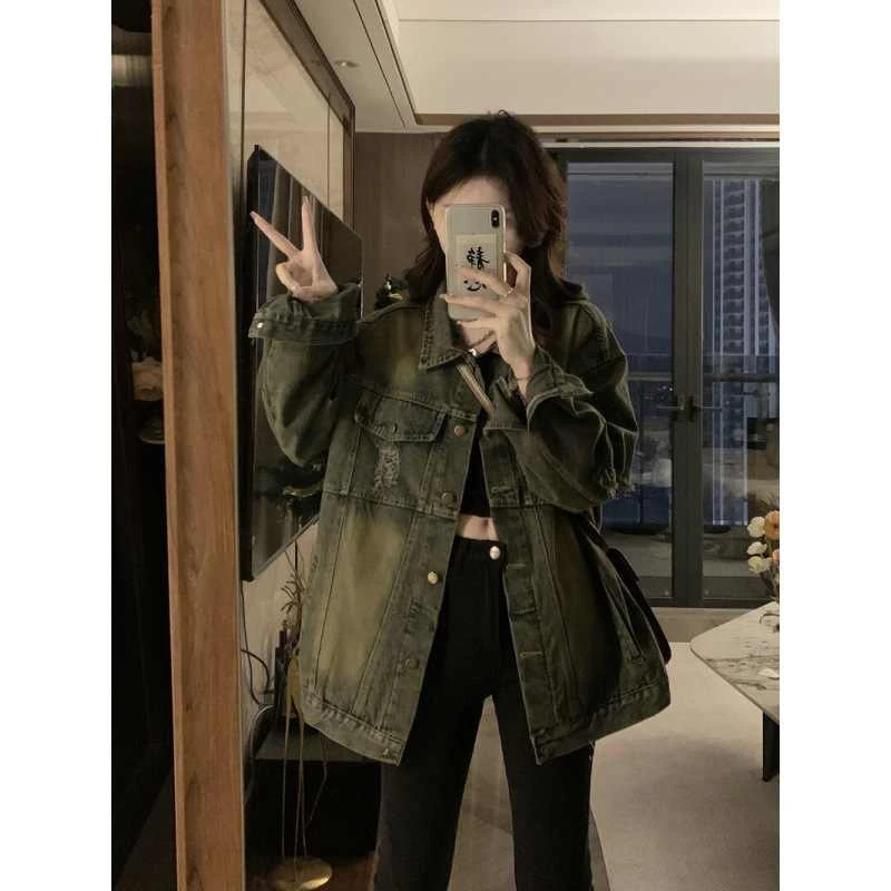 复古做旧破洞牛仔外套女春秋新款宽松百搭显瘦炸街牛仔上衣潮