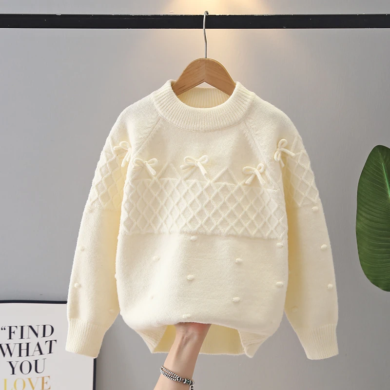 女童白色毛衣针织衫2025秋冬新款蝴蝶结加厚中大童洋气儿童打底衫