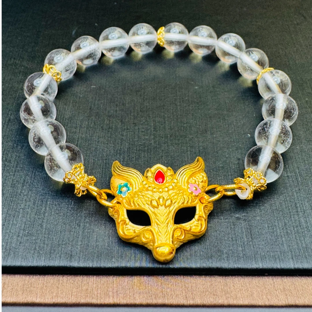 足金999黄金 珐琅彩狐狸面具手串 弹力绳
