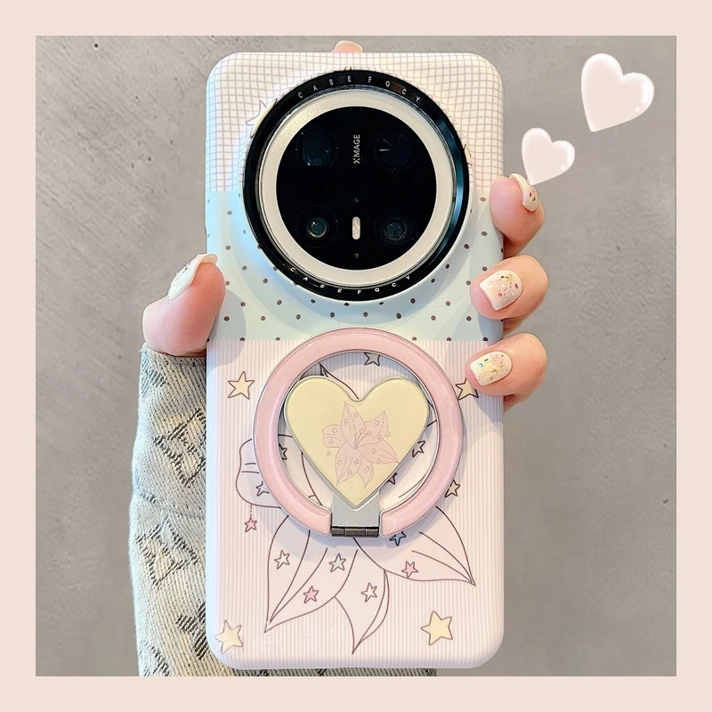 适用于华为mate70pro+手机壳韩系小众波点拼色百合花折叠磁吸支架