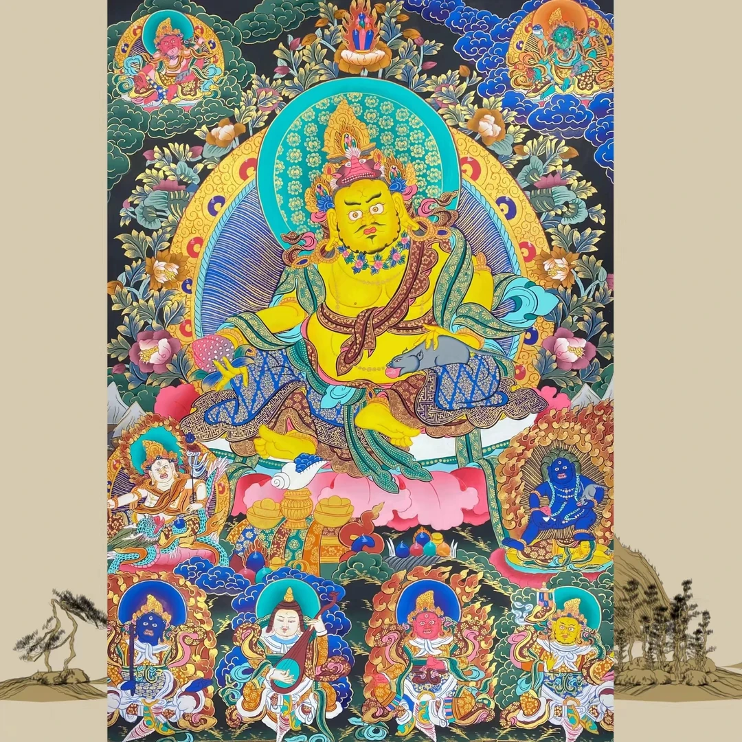 纯手绘矿料五路财四大天王唐卡挂画尺寸75×50（佛堂等地挂画）