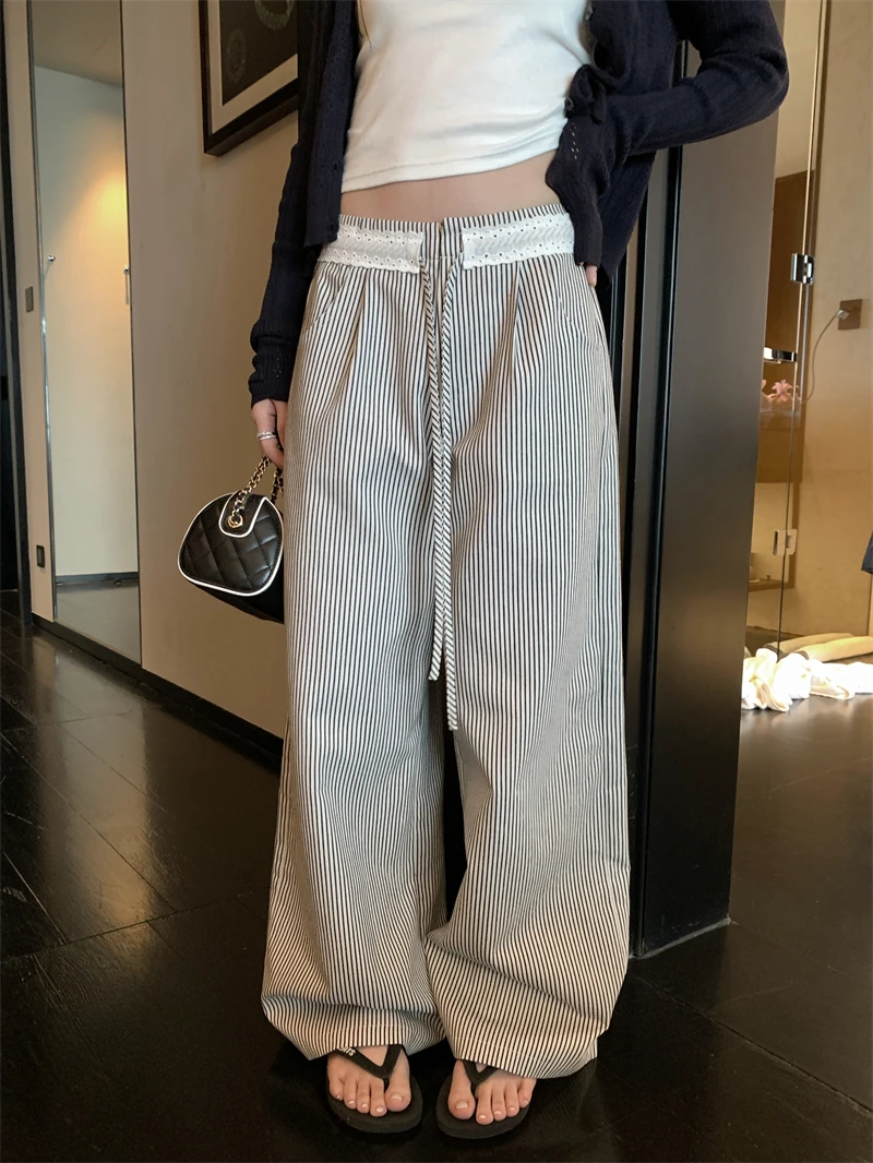【OPENING自制】线条艺术家 花边拼接条纹直筒休闲裤