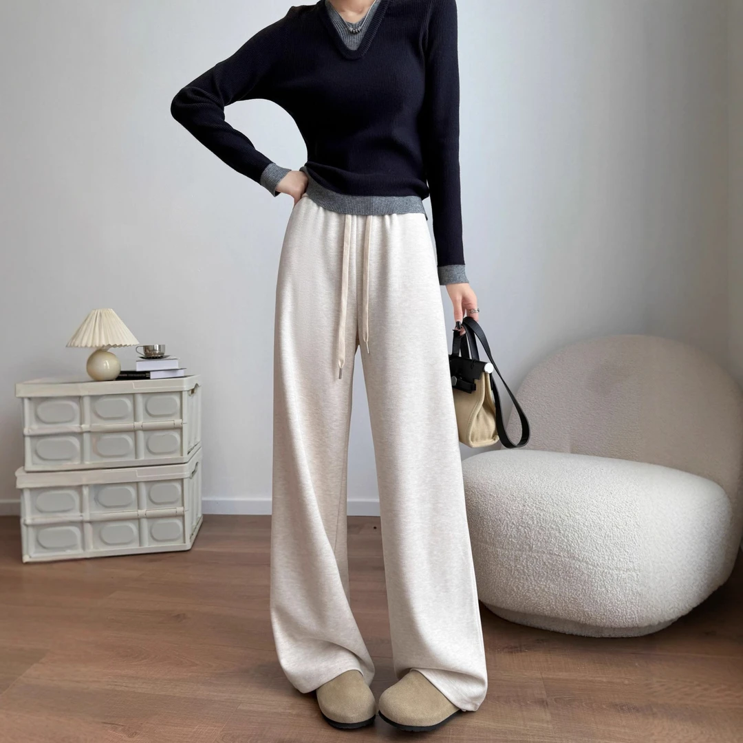 艾轩 白色醋酸羊毛裤2025秋冬女款阔腿裤子垂感糯米裤直筒休闲裤