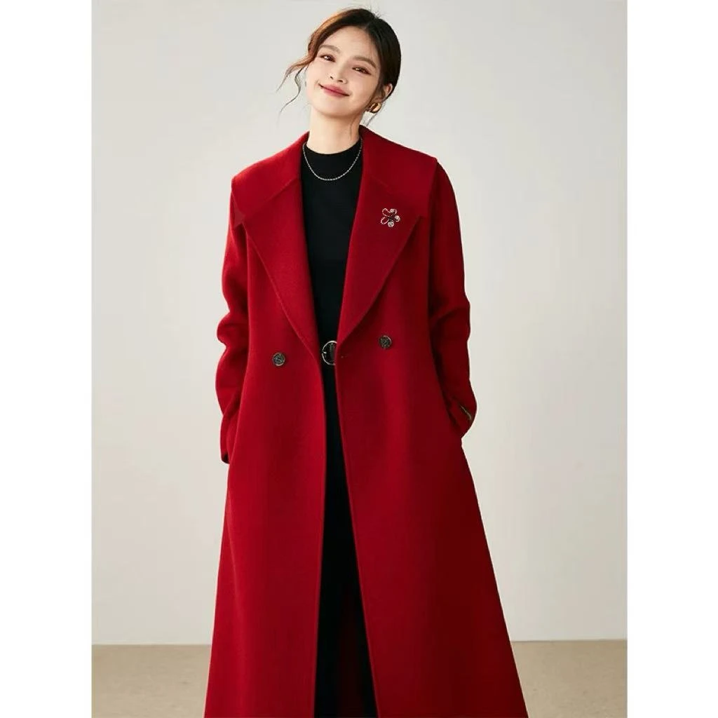 JIRUIMAN/吉瑞曼秋冬纯色系带显瘦气质中长款高端毛呢外套YM902