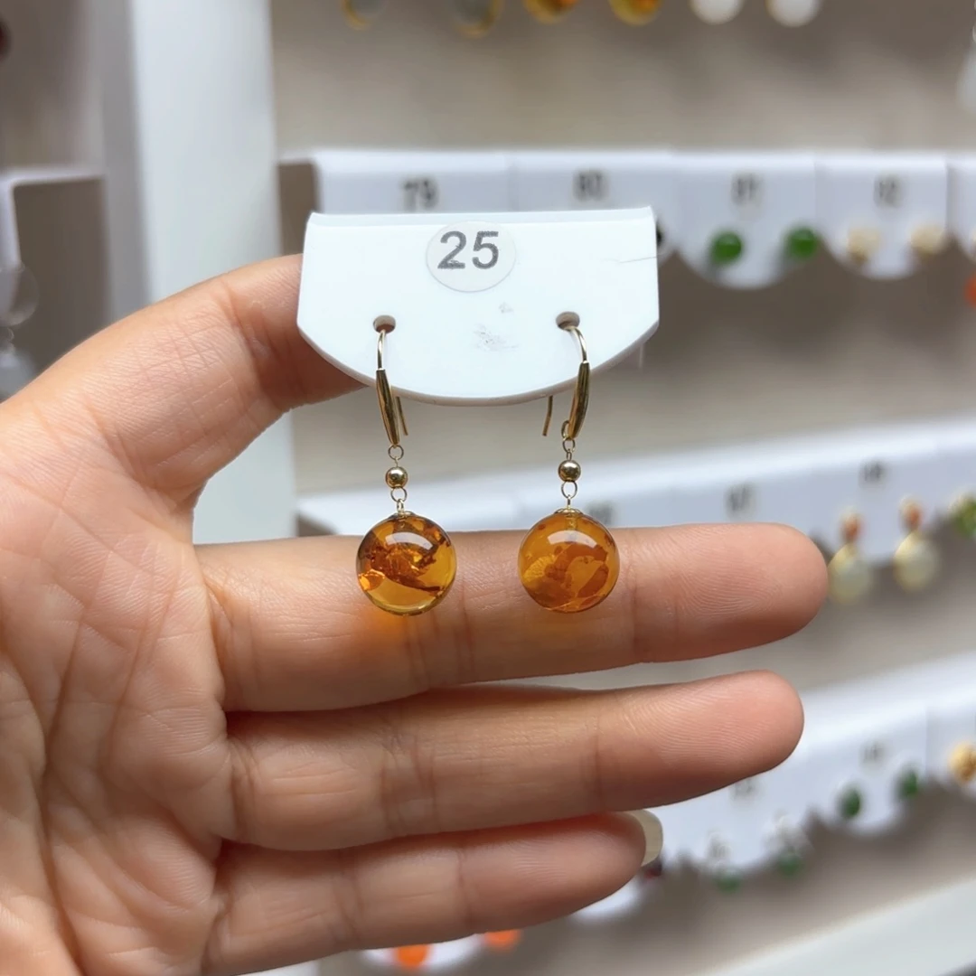 18K金镶嵌琥珀（花珀）耳饰花珀