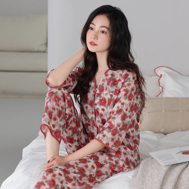 夏季睡衣女春夏女款爆款2025新款女士七分袖长裤网红款家居服套装