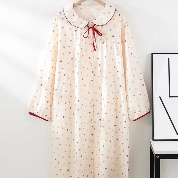 纯棉纱布睡裙长袖长裙甜美少女春夏季睡衣空调裙娃娃领休闲家居服