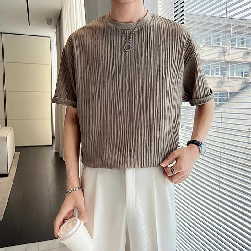 冰丝小众褶皱纯色短袖男垂感宽松夏季潮流肌理感韩版休闲圆领T恤