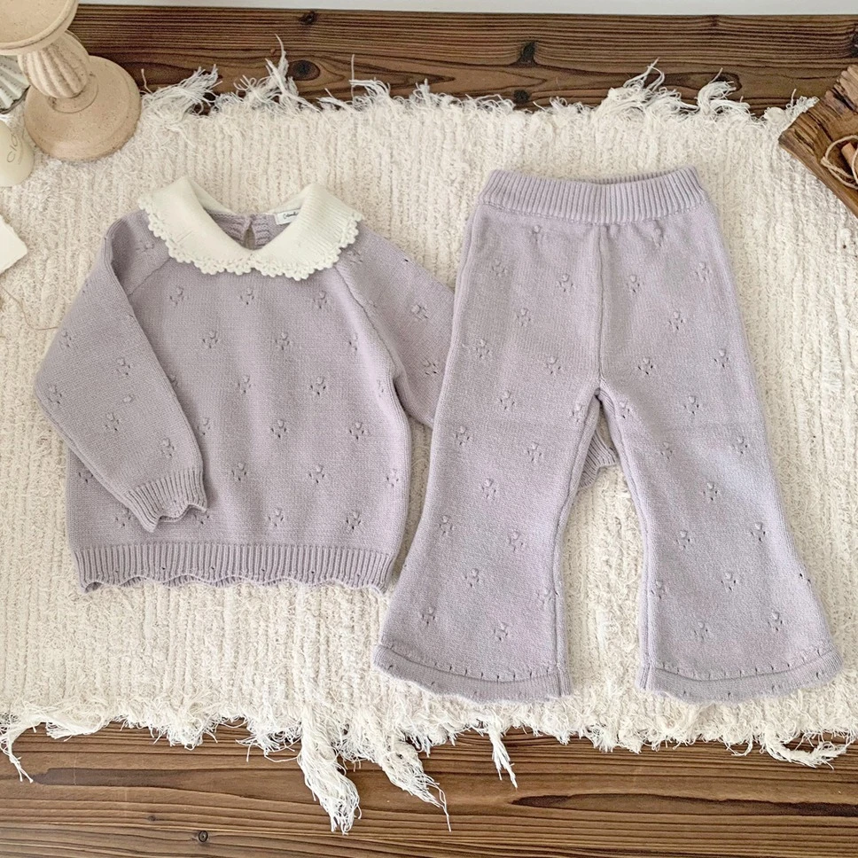 现货【乐恩童装】女童冬洋气紫色毛衣套装时髦保暖上衣喇叭裤两件套