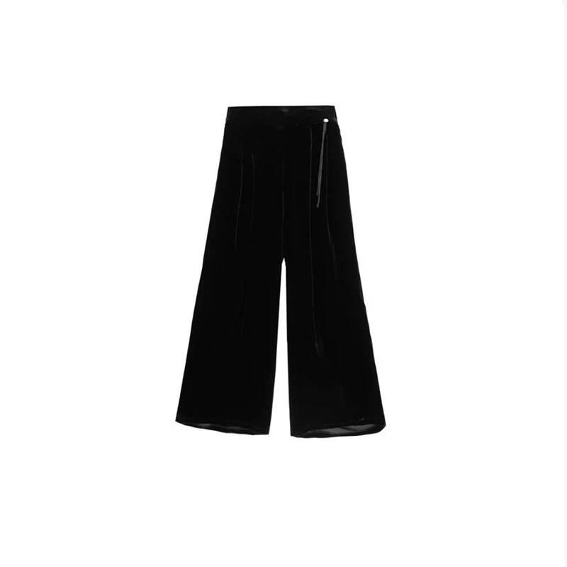 【F·J】桑蚕丝底丝绒休闲裤女新款松紧腰百搭真丝阔腿裤TJLYGCK1603