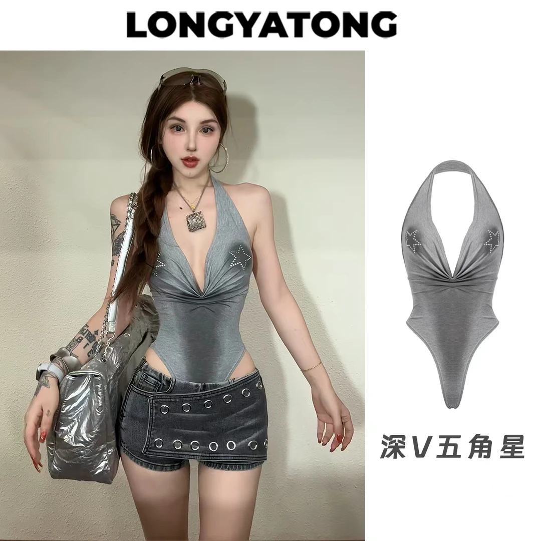 龙怼怼推荐【深V五角星】通勤拼接挂脖吊带背心性感美背性感连体ins