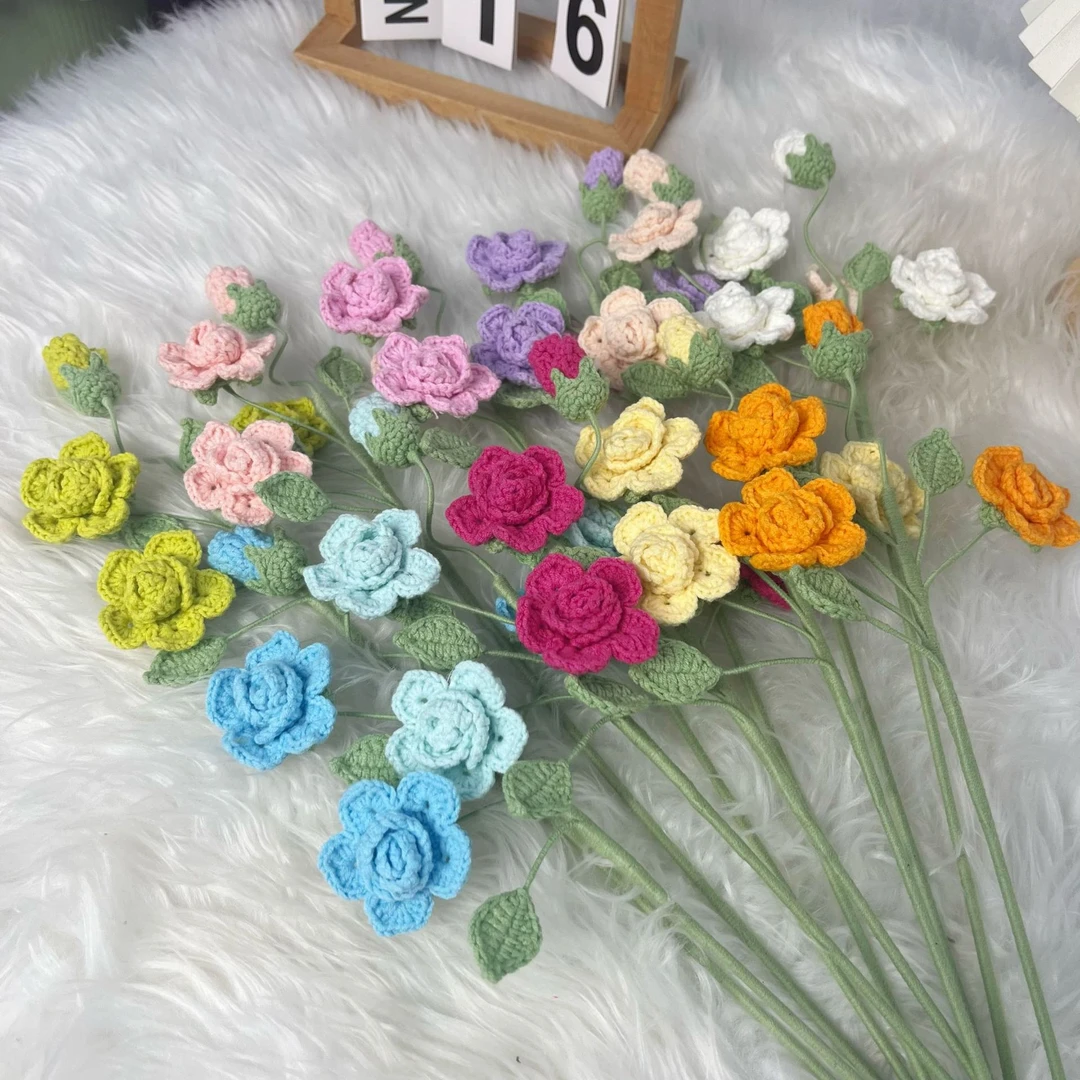成品手工编织干花芭比玫瑰花仿真花钩织花花束diy毛线毛线花