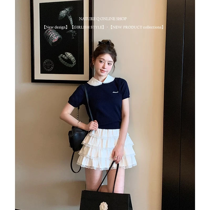 MIU系穿搭学院风娃娃领针织短袖T恤女夏季减龄撞色假两件短款上衣