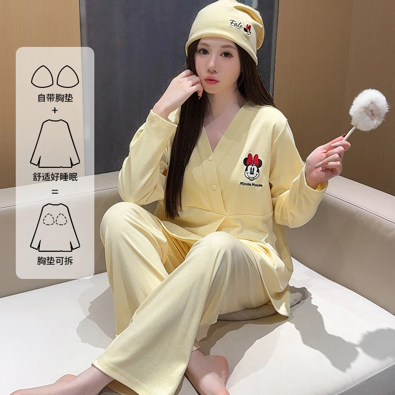 【送月子帽】带胸垫月子服纯棉100%全棉孕妇睡衣秋冬季产妇哺乳套装