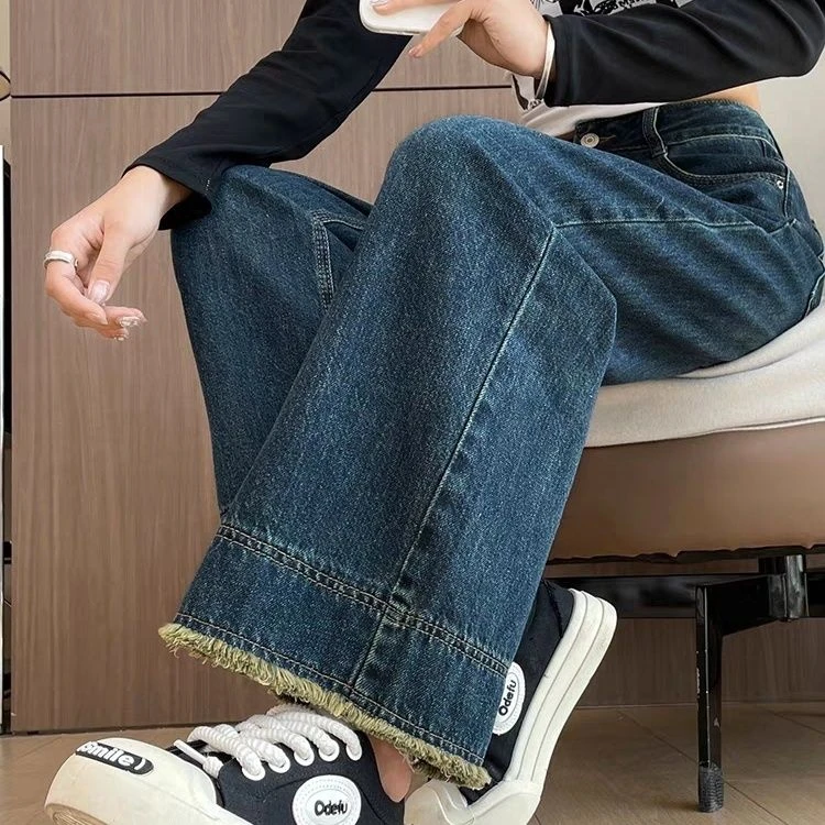 复古深蓝休闲阔腿牛仔裤女秋冬宽松显瘦加绒直筒裤女高腰宽腿裤子