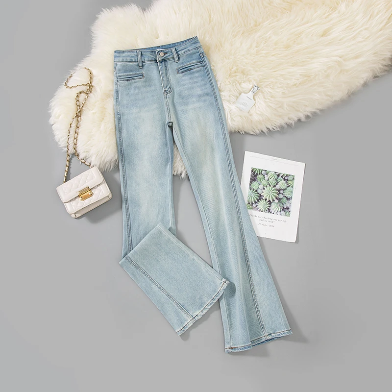 浅蓝色微喇牛仔裤女高腰显瘦2025夏季新款弹力时尚百搭裤子9790