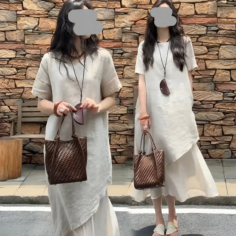 法式气质减龄假两件短袖连衣裙2025新款夏季设计感下摆拼接长裙子