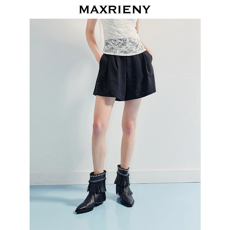 【老板娘夏天】MAXRIENY精致感黑色a摆压褶短裤女通勤风高腰宽松