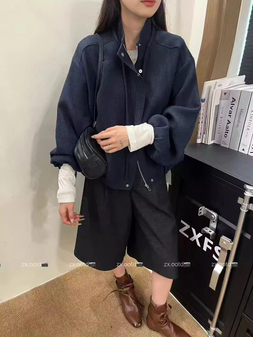 159区803藏青色韩系时尚简约立领短款外套