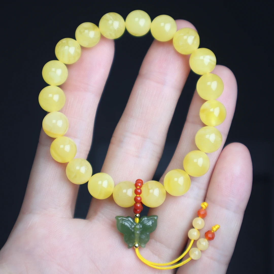 无烤色天然俄料蜜蜡圆珠手串手链鸡油黄白花蜜8mmDIY设计小众时尚