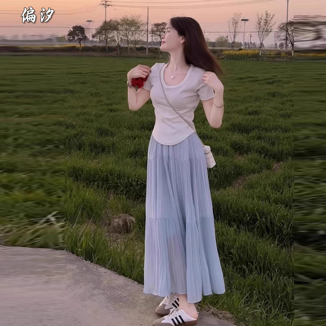 夏季一整套穿搭裙子小个子高腰a字显瘦紫色半身裙两件套装女气质