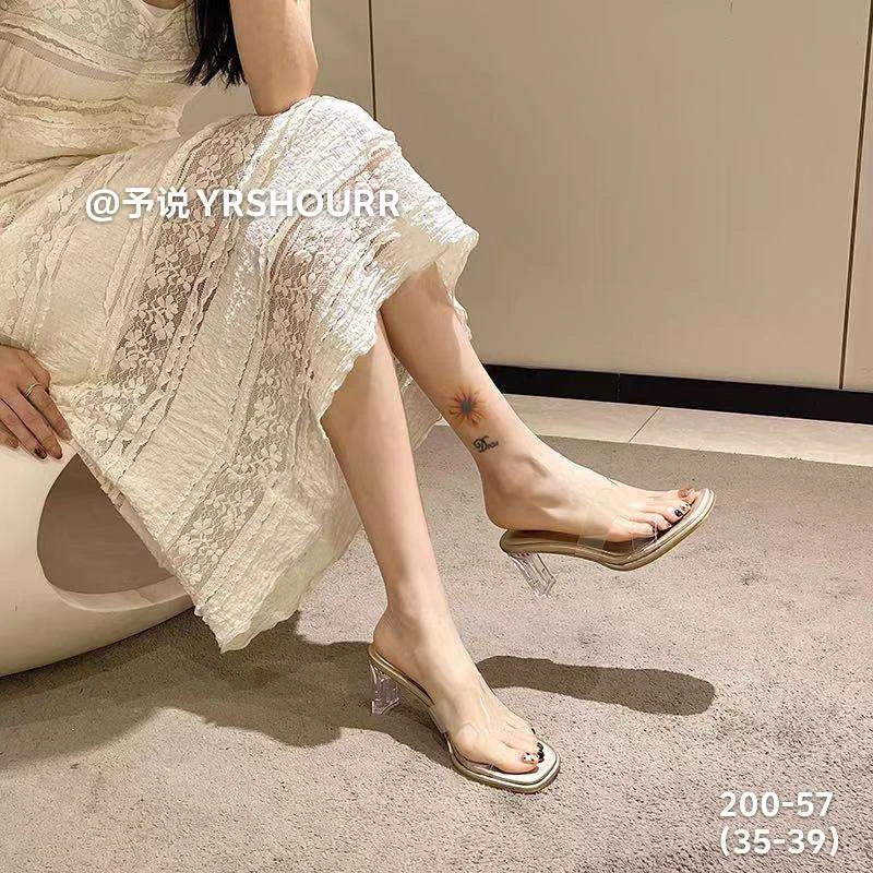 予说2025新款水晶粗跟凉鞋夏季外穿配裙子水钻仙女高跟鞋透明凉拖