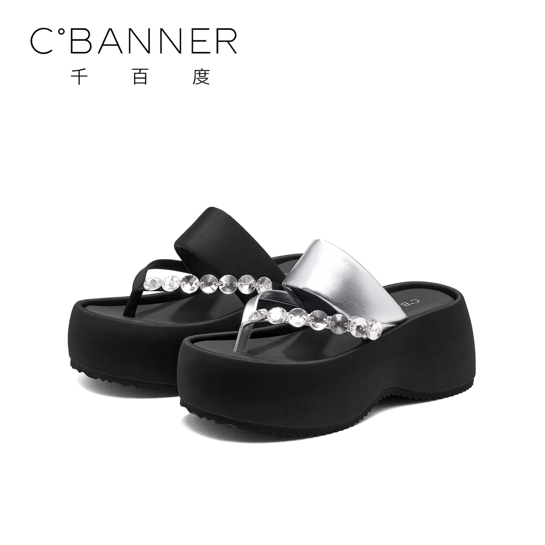 C.BANNER/千百度时尚人字拖鞋女2025夏季新款厚底增高水钻凉拖鞋