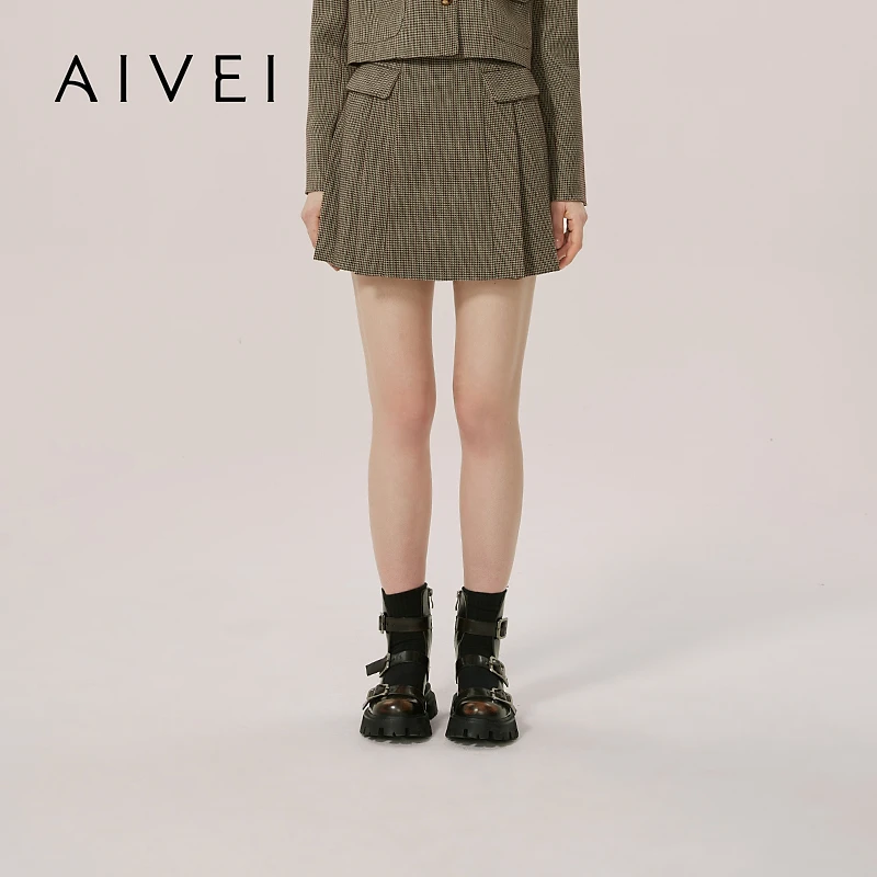 2025年专柜同款时尚复古气质千金减龄千鸟格百褶短裙Q714402B