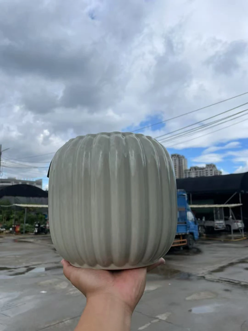 竖纹陶瓷花盆简约高级阳台客厅千年木鸭脚木百合竹绿植种植花盆