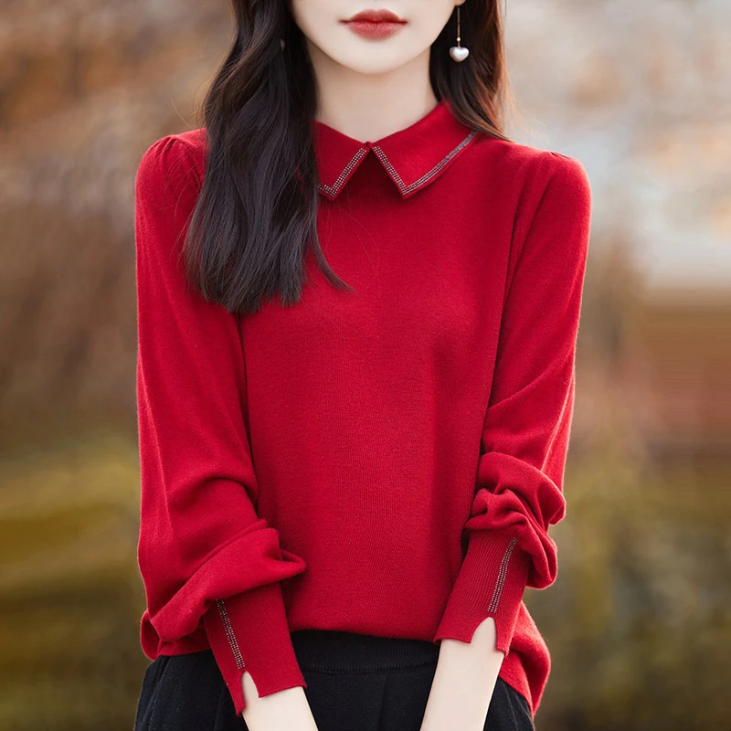 MZ.GHZPolo领翻领精纺羊毛灯笼袖软糯亲肤针织衫毛衣内搭