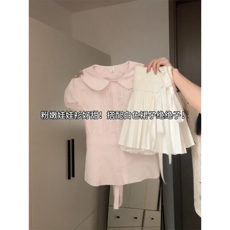 韩版甜美风娃娃领绑带短袖衬衫女花边百褶短裙子夏季新款两件套装