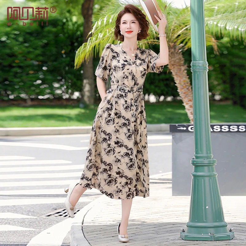 洋气妈妈夏装透气雪纺连衣裙时尚大气花色收腰长裙高档女装薄裙子