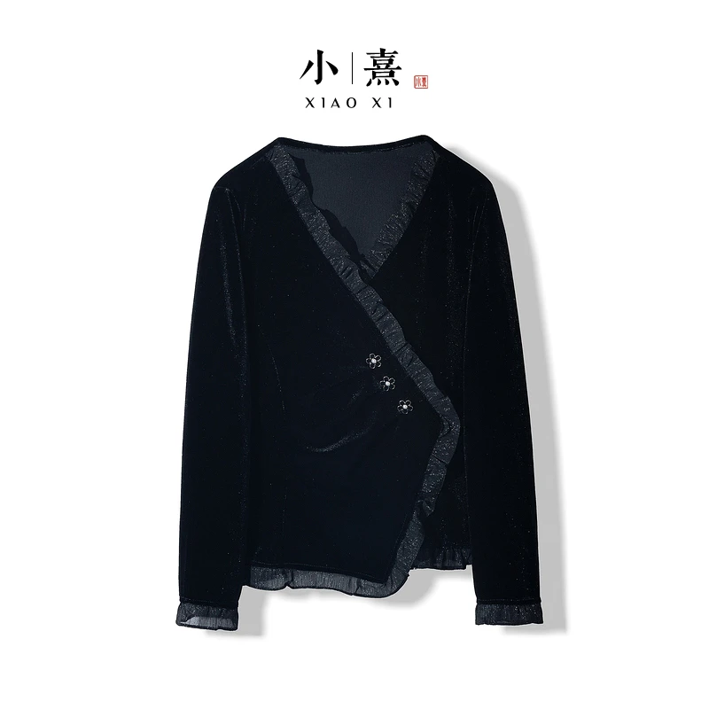 【晚月】2025新款秋季衬衣女式新中式女宽松丝绒荷叶领气质长袖衬衫