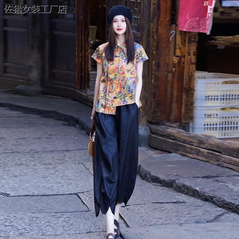 新中式时尚套装女2025夏季新款洋气盘扣立领衬衫阔腿裤气质两件套