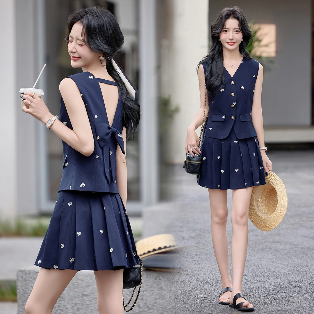 法式小香风千金露背蝴蝶结刺绣西装马甲背心学院风百褶裙两件套装