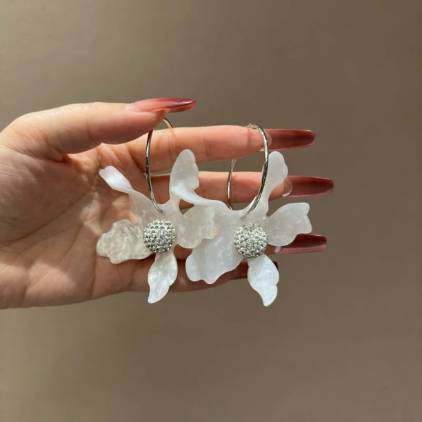 铜合金合成锆石耳饰 植物花卉日韩白色复古868651耳环