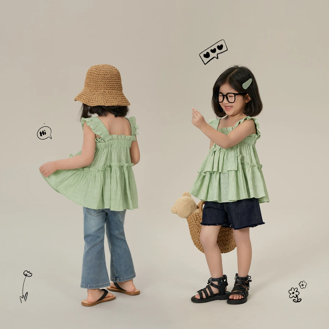 【青柠】夏季女童荷叶边小飞袖娃娃衫儿童洋气上衣8127X