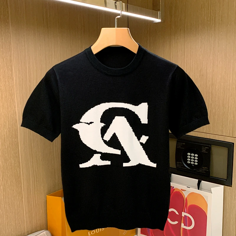 DeweLvum夏季修身时尚休闲短袖t恤男潮新款字母图案针织上衣男装