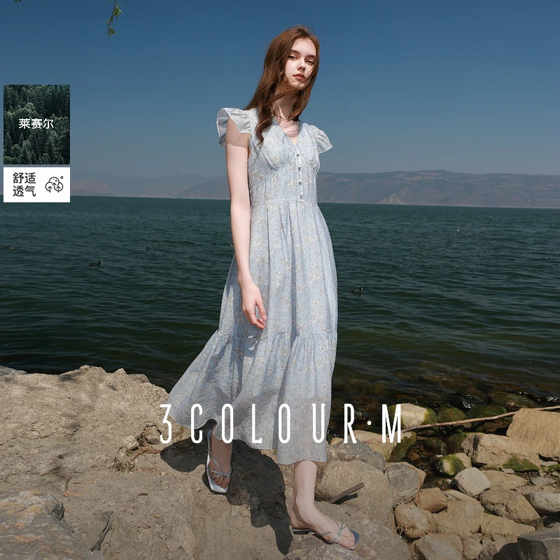 【莱赛尔】三彩2025夏季碎花连衣裙法式飞飞袖收腰A字长裙女M0405