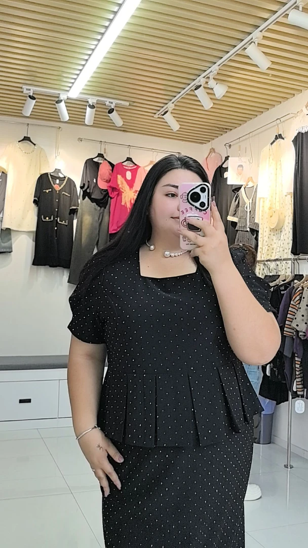 烫钻假两件大码连衣裙