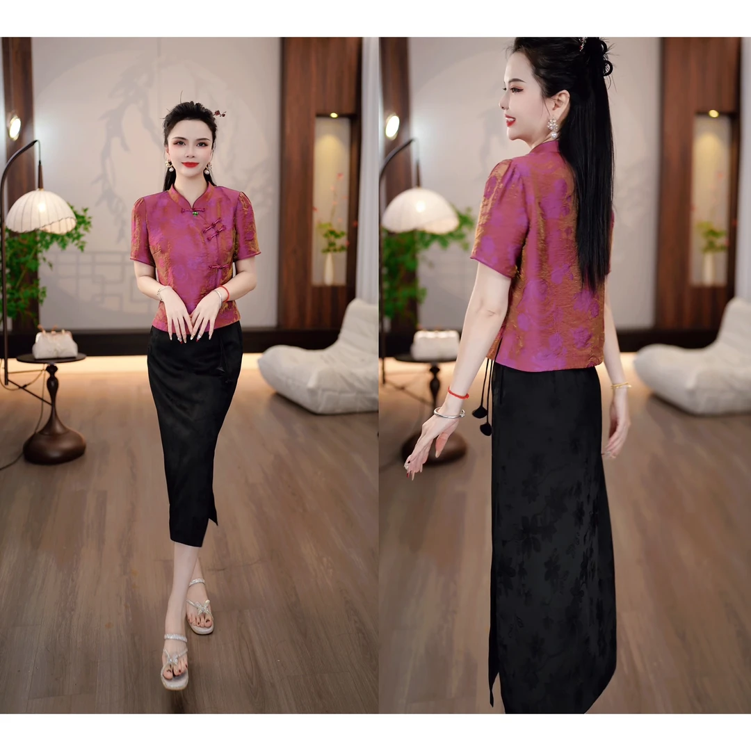 2025夏款浮光紫撞色花纹中式斜襟盘扣小衫+黑色半裙两件套M-4XL